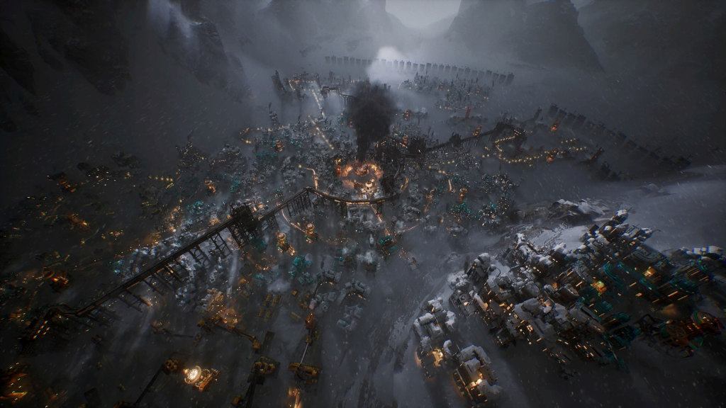 Frostpunk 2 recenzja – nocny widok generatora i osady w burzy śnieżnej
