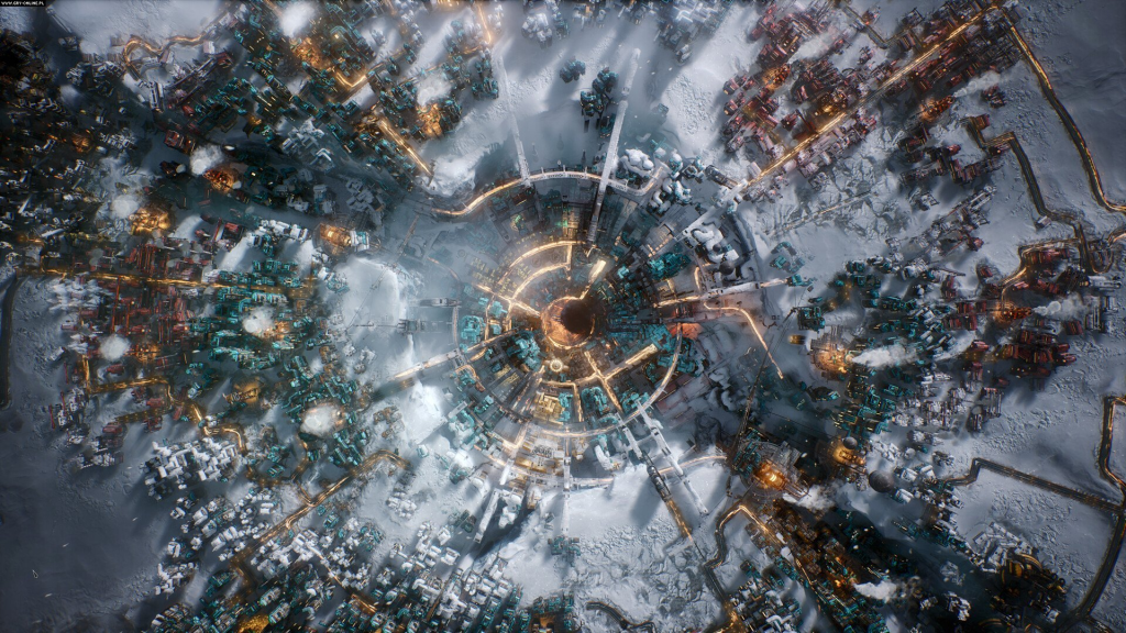 Frostpunk 2 recenzja – widok miasta z lotu ptaka z centralnym generatorem