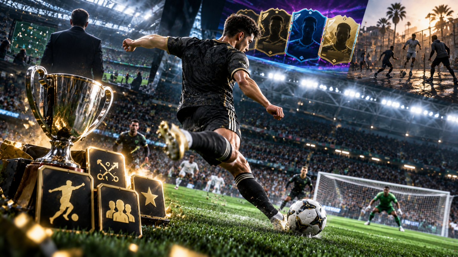 EA SPORTS FC 27 – piłkarz na stadionie z motywem trofeów i osiągnięć