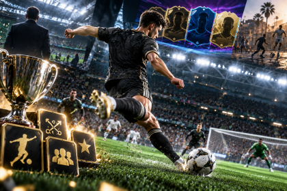 EA SPORTS FC 27 – piłkarz na stadionie z motywem trofeów i osiągnięć