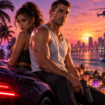 GTA 6 w neonowym mieście inspirowanym Vice City, z dwójką bohaterów przy sportowym samochodzie, palmami, zachodem słońca i panoramą miasta