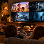 Rodzinny wieczór filmowy z filmami i serialami na ekranie telewizora