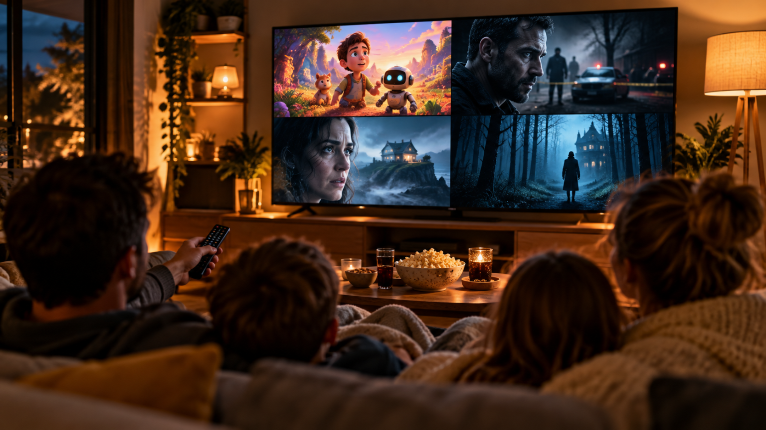 Rodzinny wieczór filmowy z filmami i serialami na ekranie telewizora