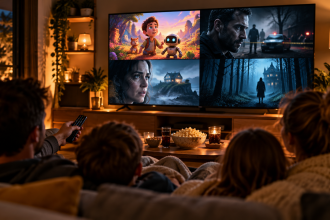 Rodzinny wieczór filmowy z filmami i serialami na ekranie telewizora