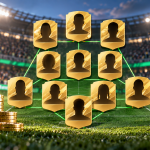 Tani skład startowy EA FC 27 Ultimate Team na boisku z kartami zawodników i połączeniami chemii