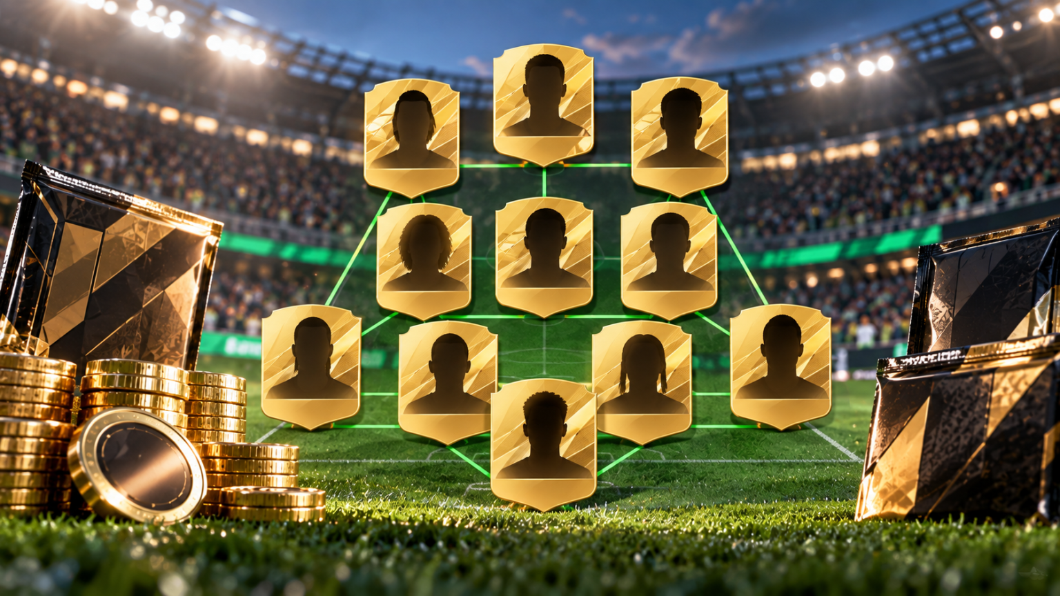 Tani skład startowy EA FC 27 Ultimate Team na boisku z kartami zawodników i połączeniami chemii
