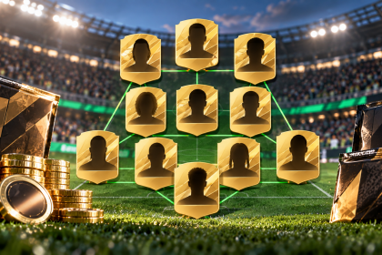 Tani skład startowy EA FC 27 Ultimate Team na boisku z kartami zawodników i połączeniami chemii