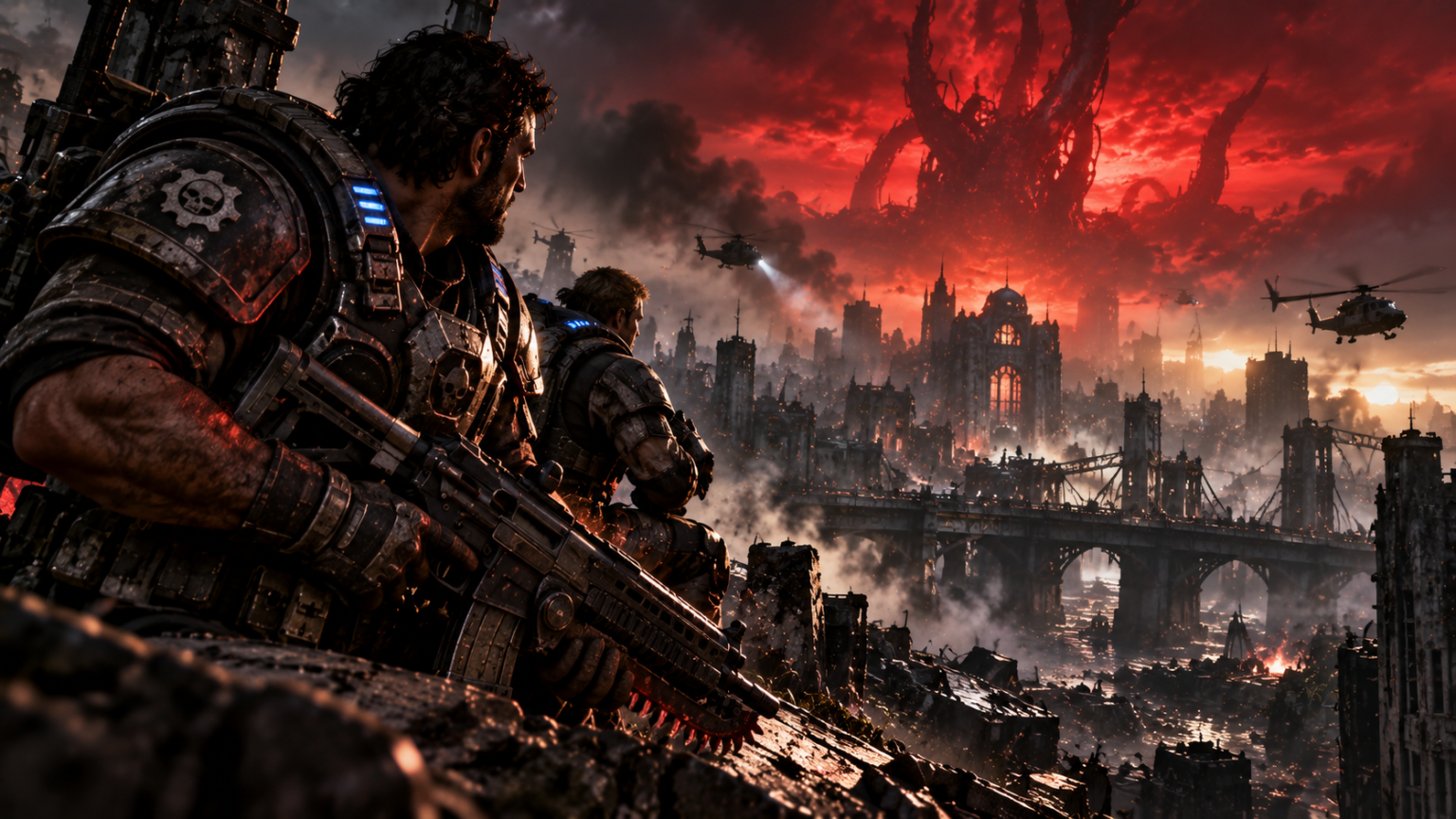 Gears of War E-Day – żołnierze na tle zniszczonego miasta