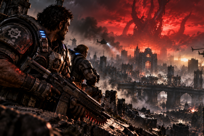 Gears of War E-Day – żołnierze na tle zniszczonego miasta