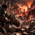 Gears of War E-Day – żołnierz z Lancerem walczy z Locustami podczas współpracy z Liquid Death