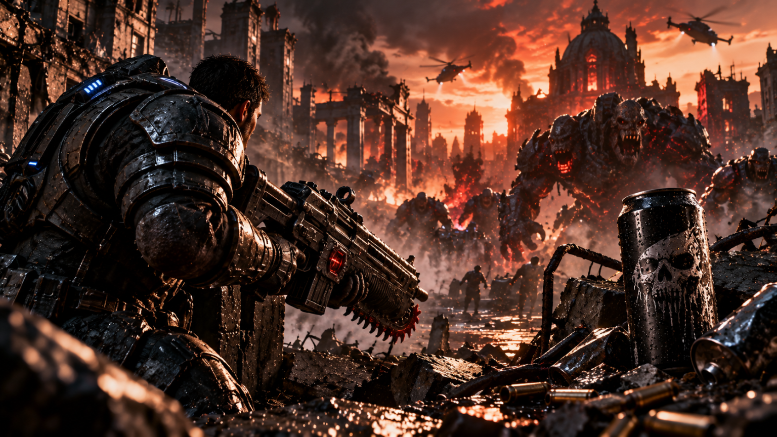 Gears of War E-Day – żołnierz z Lancerem walczy z Locustami podczas współpracy z Liquid Death