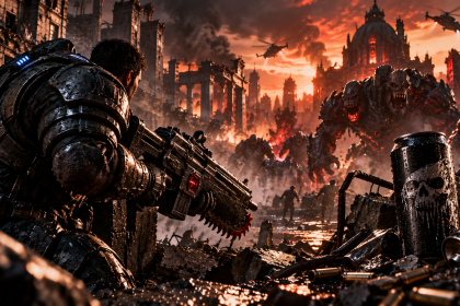 Gears of War E-Day – żołnierz z Lancerem walczy z Locustami podczas współpracy z Liquid Death