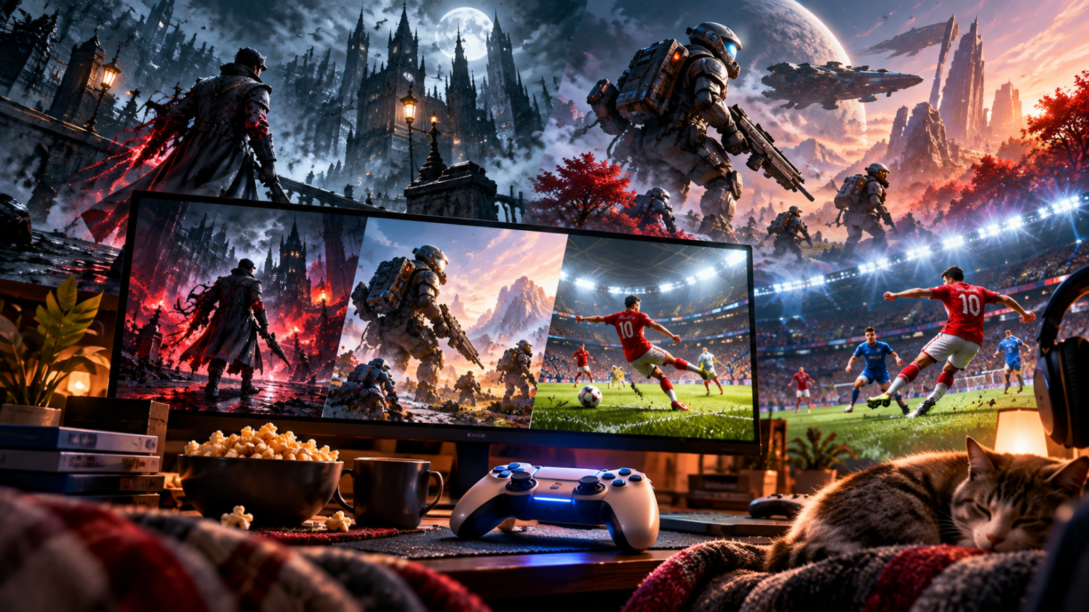 Gamingowy weekend – gracz przed monitorem z grami akcji, strzelanką i piłką nożną