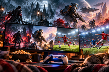 Gamingowy weekend – gracz przed monitorem z grami akcji, strzelanką i piłką nożną