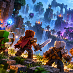 Minecraft Dungeons II – bohaterowie walczą z przeciwnikami w fantastycznym świecie
