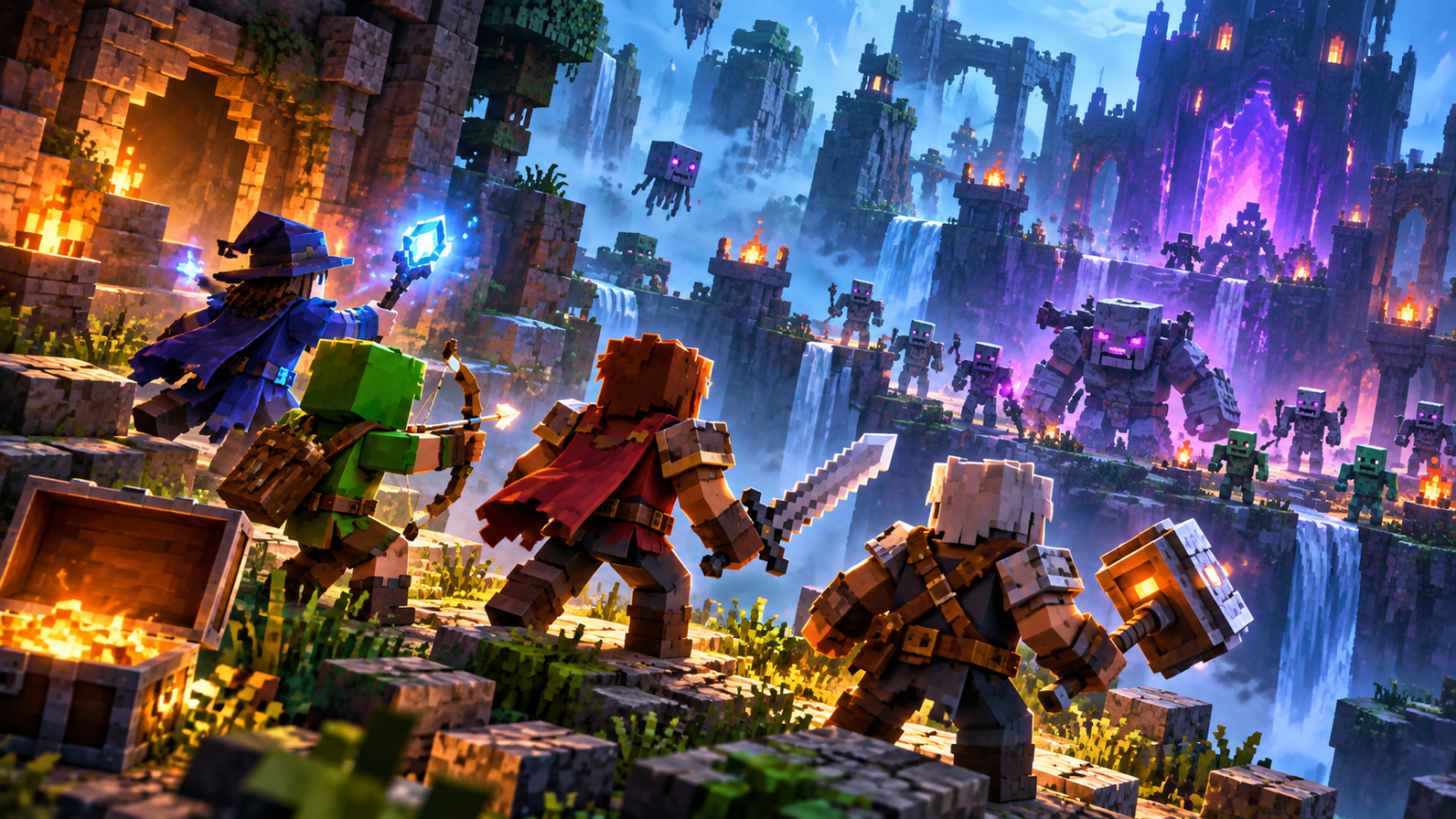Minecraft Dungeons II – bohaterowie walczą z przeciwnikami w fantastycznym świecie