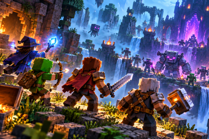 Minecraft Dungeons II – bohaterowie walczą z przeciwnikami w fantastycznym świecie