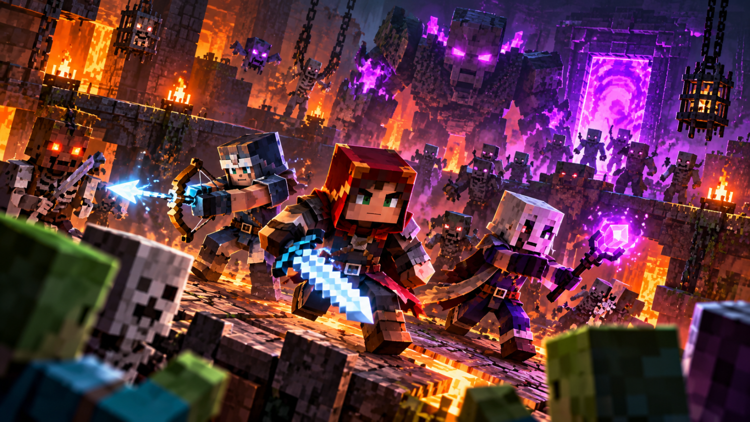Minecraft Dungeons II – bohaterowie walczą z hordą przeciwników w lochu