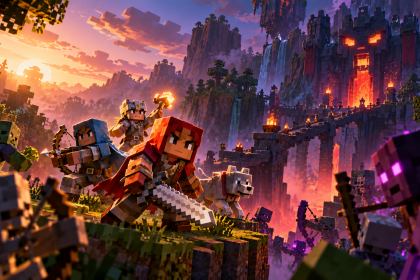 Minecraft Dungeons II – bohaterowie walczą z przeciwnikami w voxelowym świecie