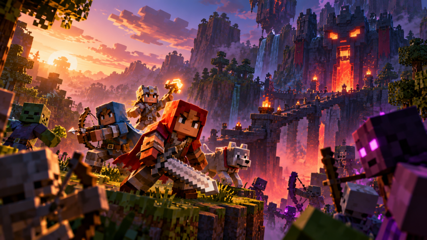 Minecraft Dungeons II – bohaterowie walczą z przeciwnikami w voxelowym świecie