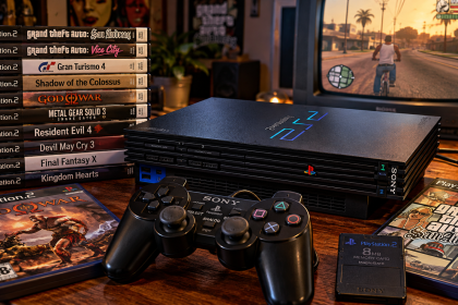PlayStation 2 z kontrolerem DualShock 2 i klasycznymi grami