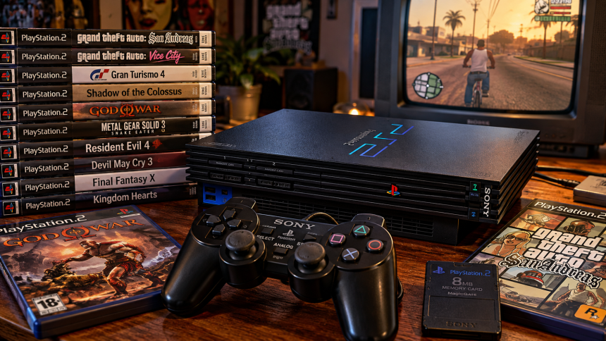 PlayStation 2 z kontrolerem DualShock 2 i klasycznymi grami