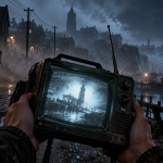 Silent Hill Townfall – bohater trzyma urządzenie CRTV podczas eksploracji mglistego miasta