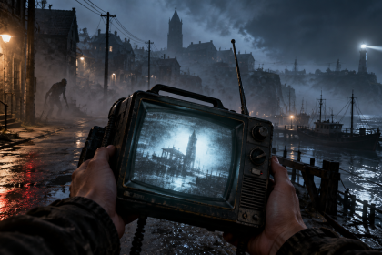 Silent Hill Townfall – bohater trzyma urządzenie CRTV podczas eksploracji mglistego miasta