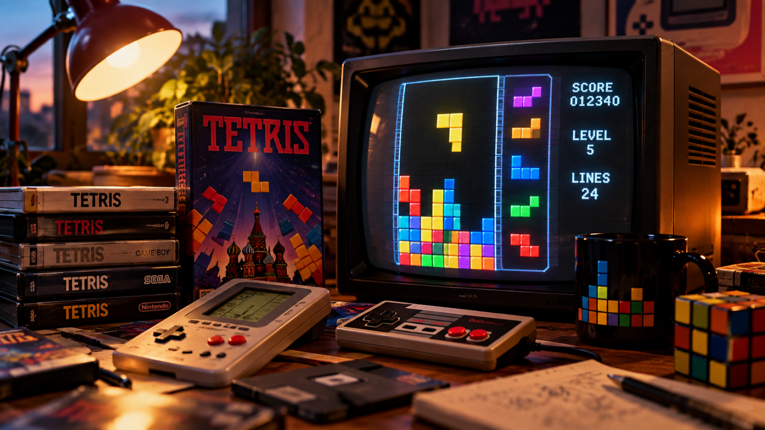 Tetris na ekranie CRT w retro pokoju gamingowym