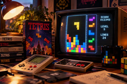 Tetris na ekranie CRT w retro pokoju gamingowym