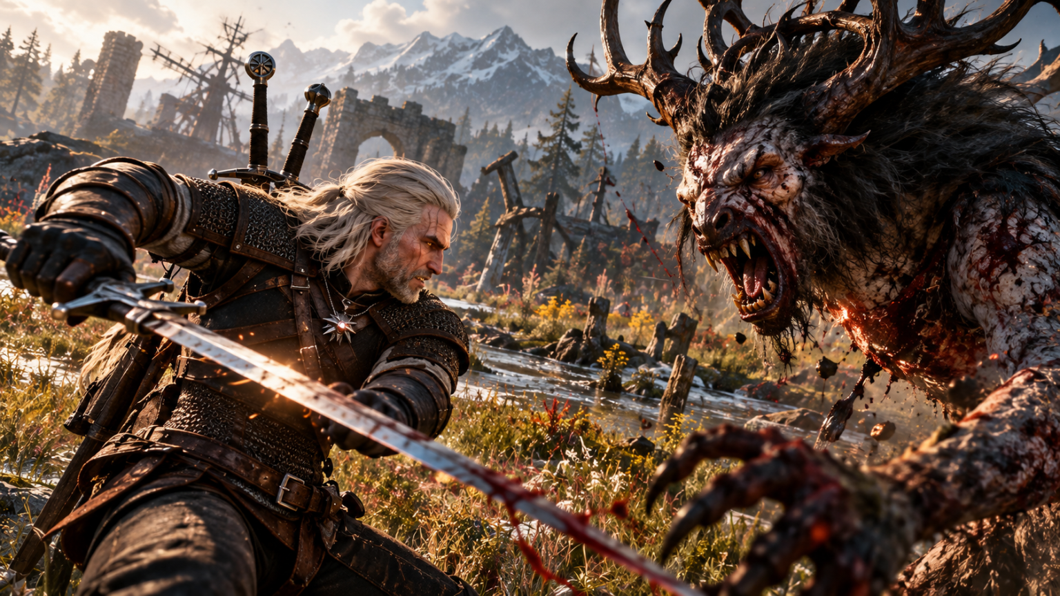 Geralt walczy z potworem w Wiedźminie 3 Remastered