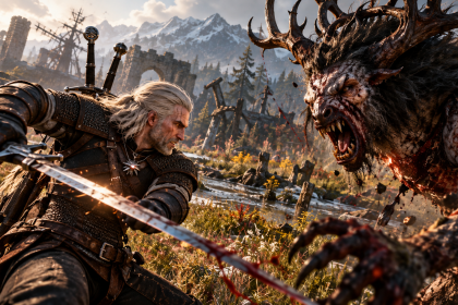 Geralt walczy z potworem w Wiedźminie 3 Remastered