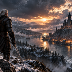 Wiedźmin 3 Remastered – Geralt na tle górskiego miasta