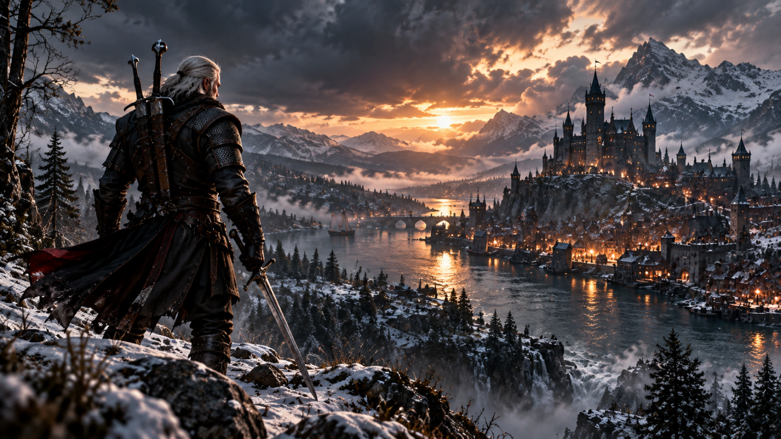Wiedźmin 3 Remastered – Geralt na tle górskiego miasta
