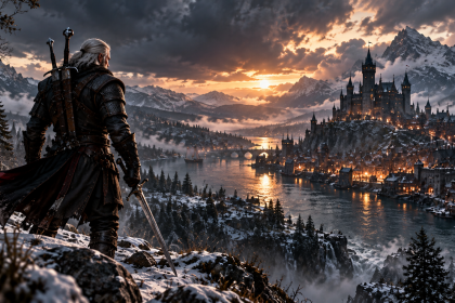 Wiedźmin 3 Remastered – Geralt na tle górskiego miasta