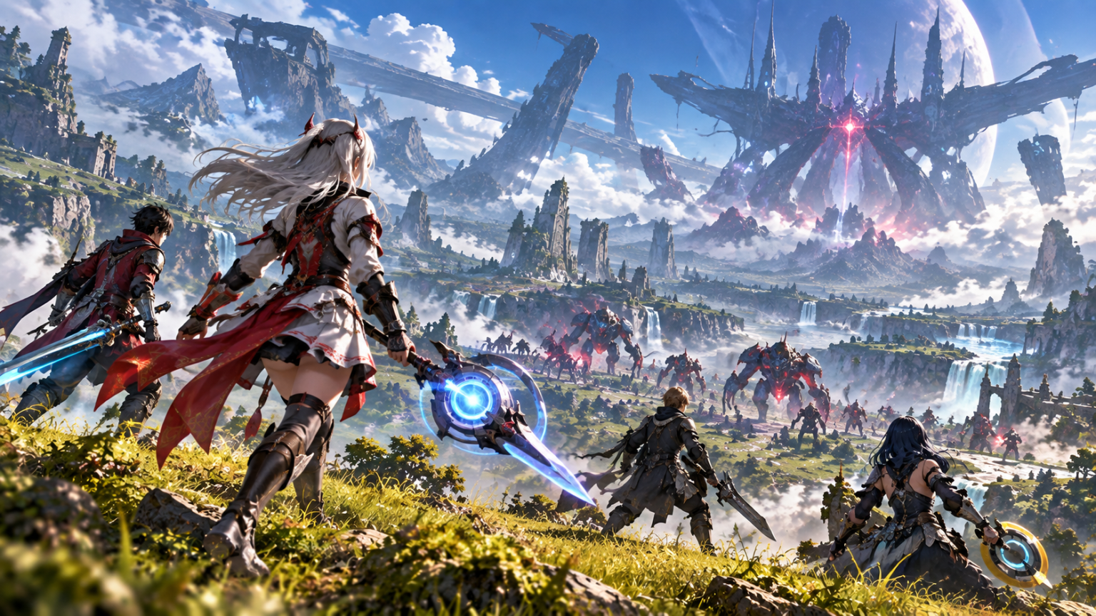 Xenoblade Chronicles 3 – bohaterowie na tle fantastycznego świata gry