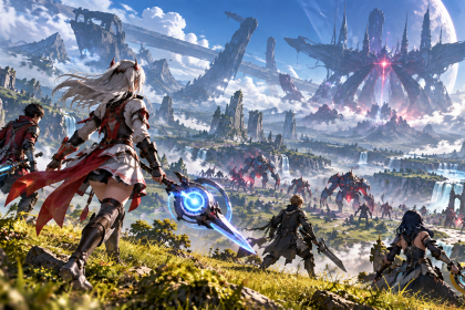 Xenoblade Chronicles 3 – bohaterowie na tle fantastycznego świata gry