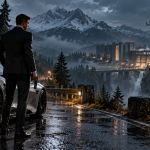 James Bond przy srebrnym sportowym samochodzie przed oświetlonym kompleksem w górskiej dolinie