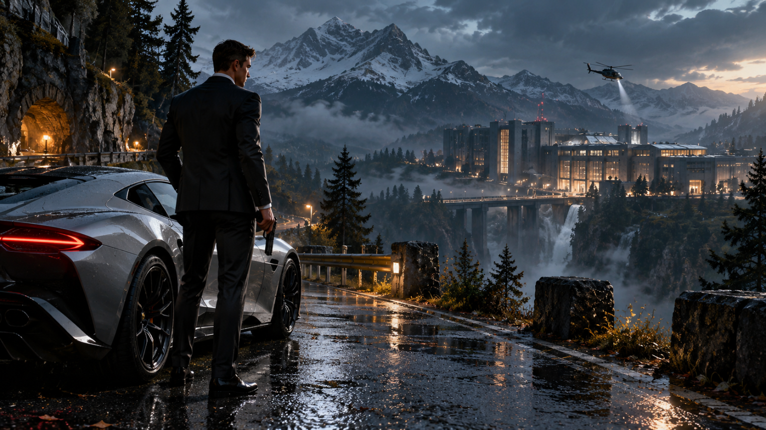James Bond przy srebrnym sportowym samochodzie przed oświetlonym kompleksem w górskiej dolinie