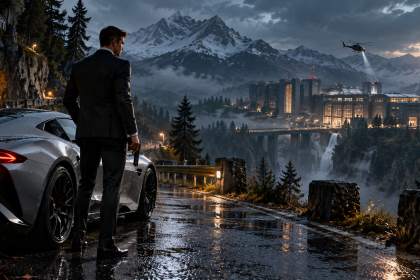 James Bond przy srebrnym sportowym samochodzie przed oświetlonym kompleksem w górskiej dolinie