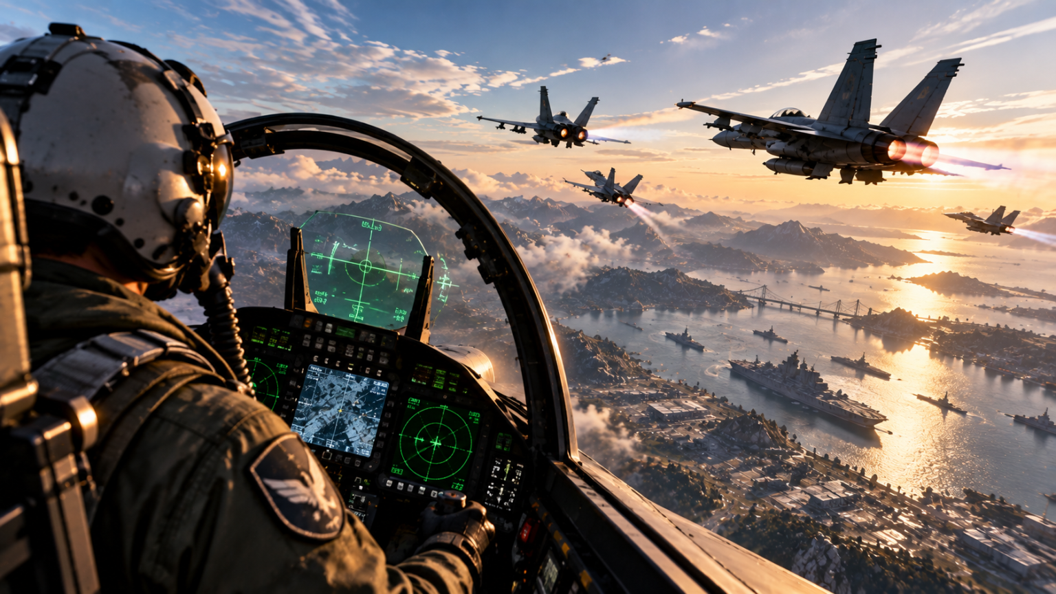 Widok z kokpitu myśliwca podczas lotu nad rozległym terenem w ACE COMBAT 8.