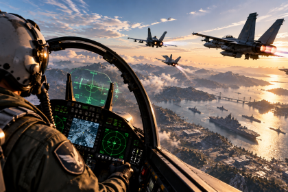 Widok z kokpitu myśliwca podczas lotu nad rozległym terenem w ACE COMBAT 8.