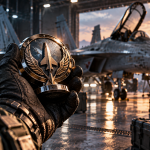Pilot trzyma metalowy medal na tle myśliwca w hangarze o zachodzie słońca.
