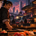 Jiro stoi za ladą sushi z nożem w dłoni na tle futurystycznego Los Angeles