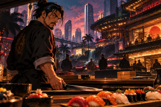 Jiro stoi za ladą sushi z nożem w dłoni na tle futurystycznego Los Angeles