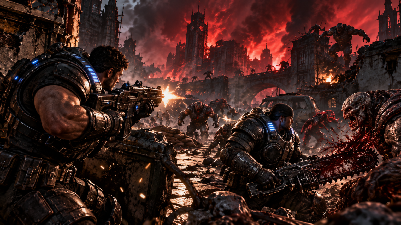 Żołnierze Gears of War walczą z Szarańczą w zniszczonym mieście podczas Dnia E