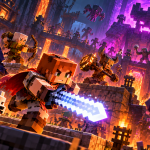 Bohaterowie walczą z przeciwnikami w mrocznej, blokowej lokacji Minecraft Dungeons II
