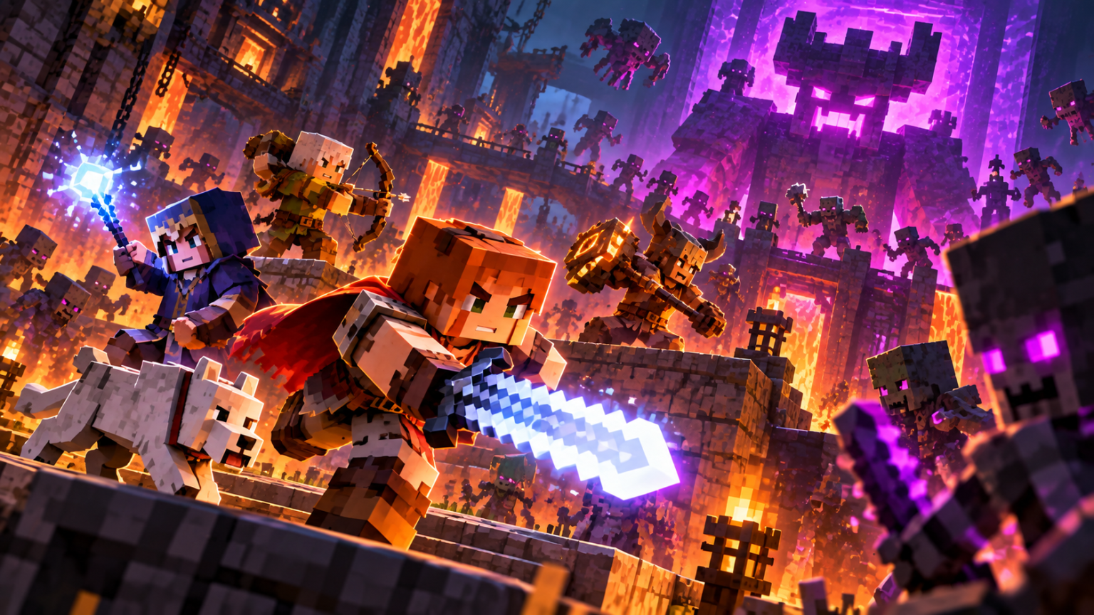 Bohaterowie walczą z przeciwnikami w mrocznej, blokowej lokacji Minecraft Dungeons II