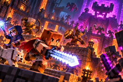 Bohaterowie walczą z przeciwnikami w mrocznej, blokowej lokacji Minecraft Dungeons II