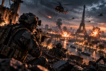 Żołnierze Modern Warfare 4 na tle symboli PC, PlayStation i Xbox